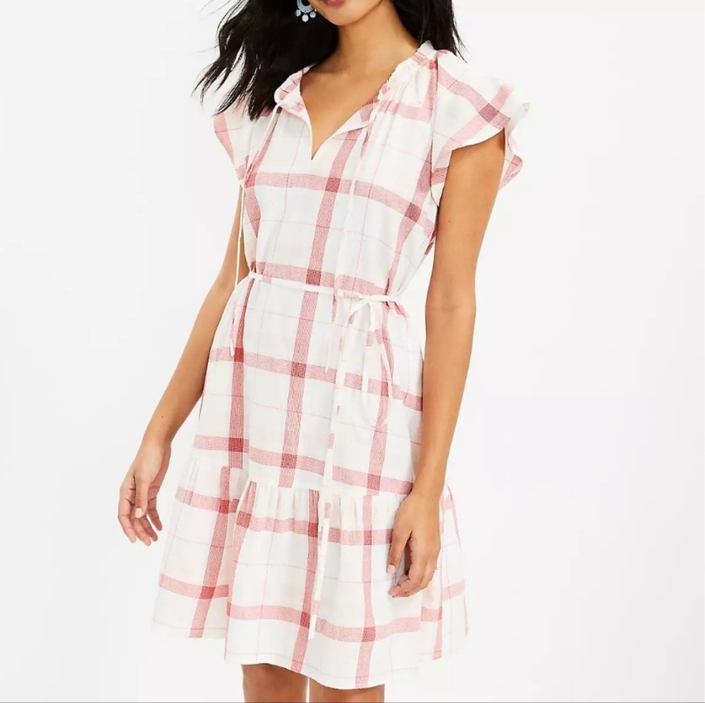 NWT LOFT Plaid Flutter Tie Neck Summer Casual Dress Size Xl